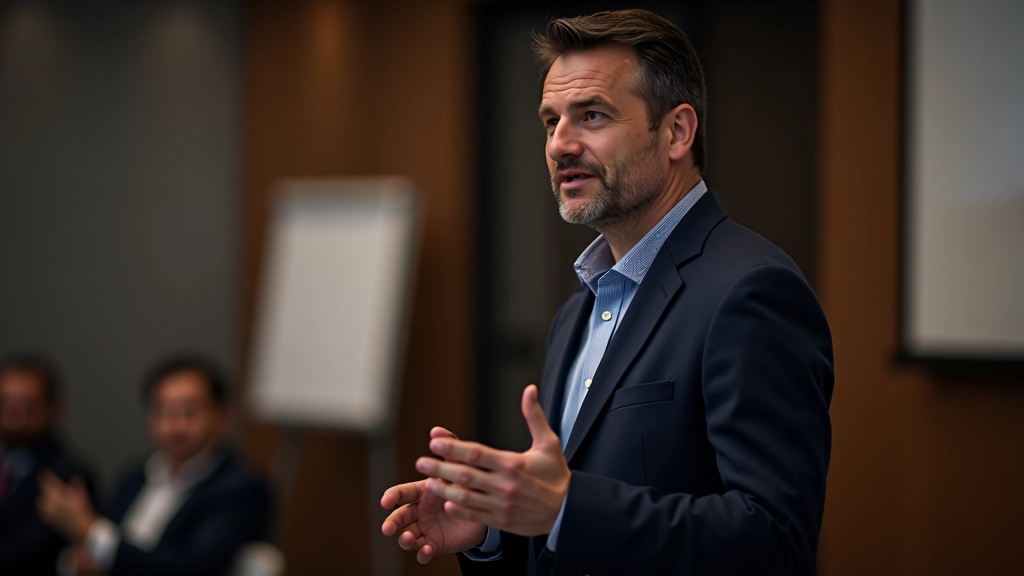 Orador profissional apresentando uma história a um auditório atento, com gestos naturais e expressão facial envolvida