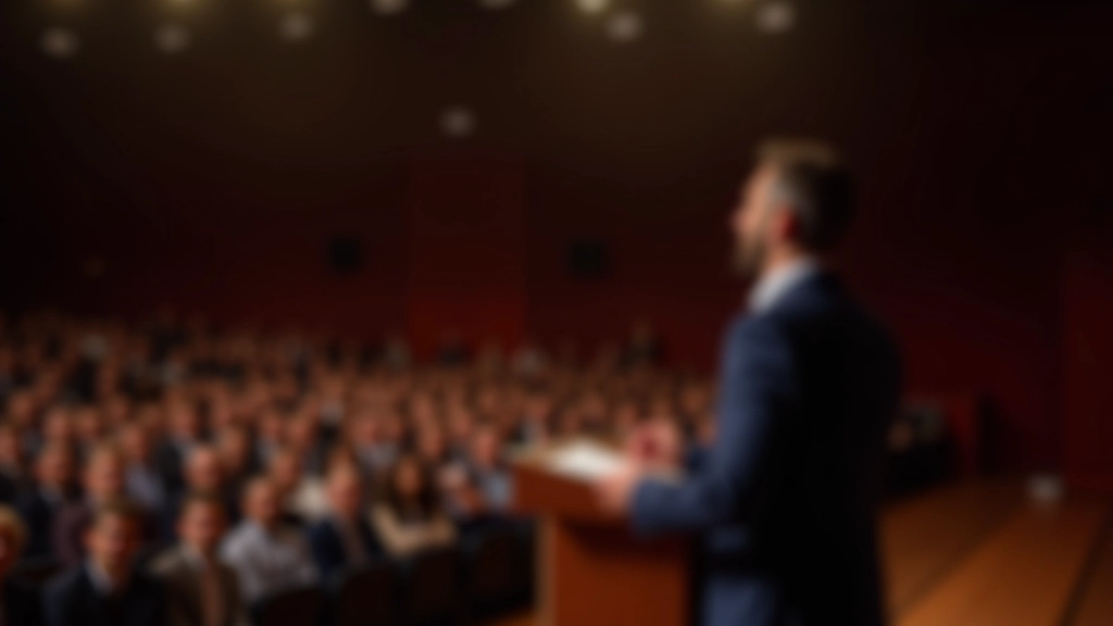 Profissional em conferência apresentando diante de um auditório cheio, expresão confiante