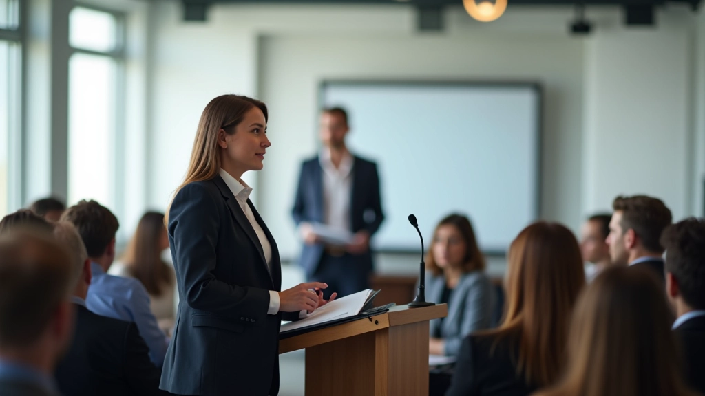 Mulher confiante a fazer uma apresentação profissional num auditório moderno