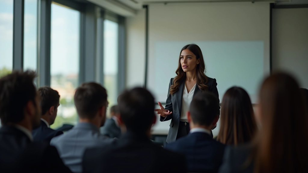 Mulher profissional a apresentar numa sala de conferências com público atento