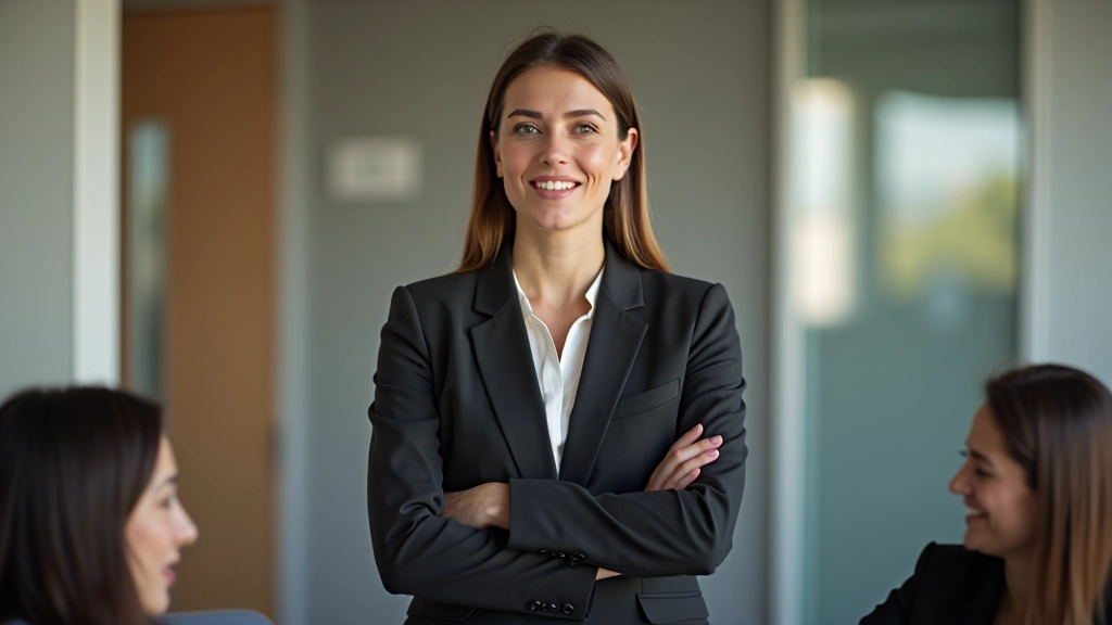 Mulher profissional com postura confiante durante apresentação em sala de reunião